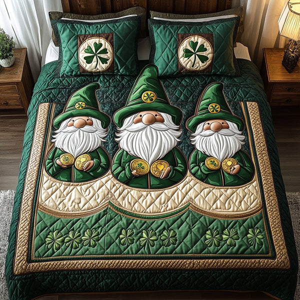 Lucky Gnome quilted 3-piece bedding set on a made bed in a winter-styled bedroom