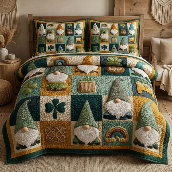Lucky Gnomes quilted 3-piece bedding set on a made bed with two matching pillow shams