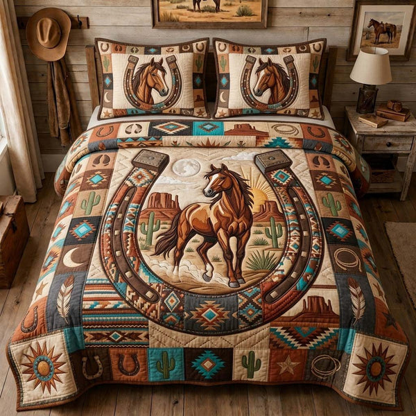 Lucky Horseshoe Ride quilted 3-piece bedding set on a made bed with two matching pillow shams