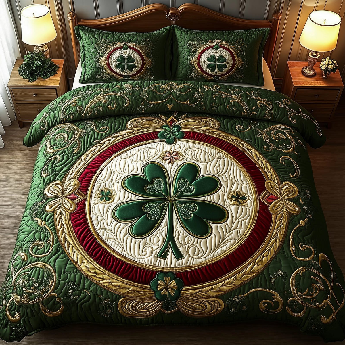 Lucky Irish Shamrock quilted 3-piece bedding set on a made bed with two matching pillow shams