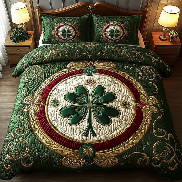 Lucky Irish Shamrock quilted 3-piece bedding set on a made bed with two matching pillow shams