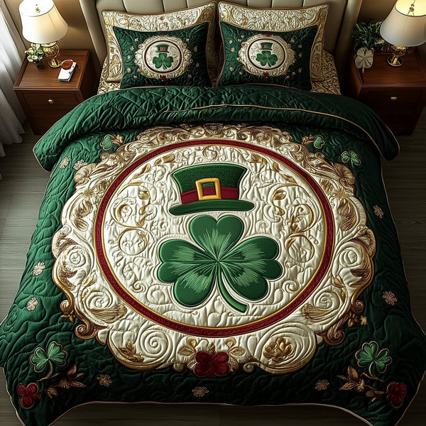 Lucky Irish Shamrock quilted 3-piece bedding set on a made bed with two matching pillow shams