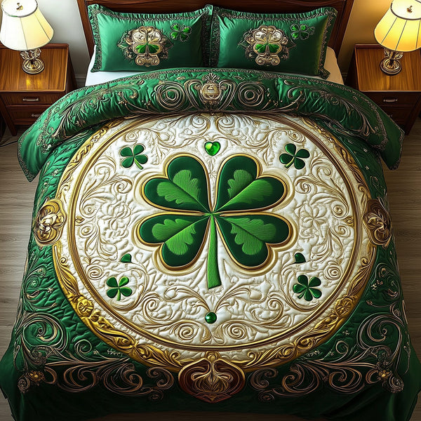 Lucky Irish Shamrock quilted 3-piece bedding set on a made bed with two matching pillow shams
