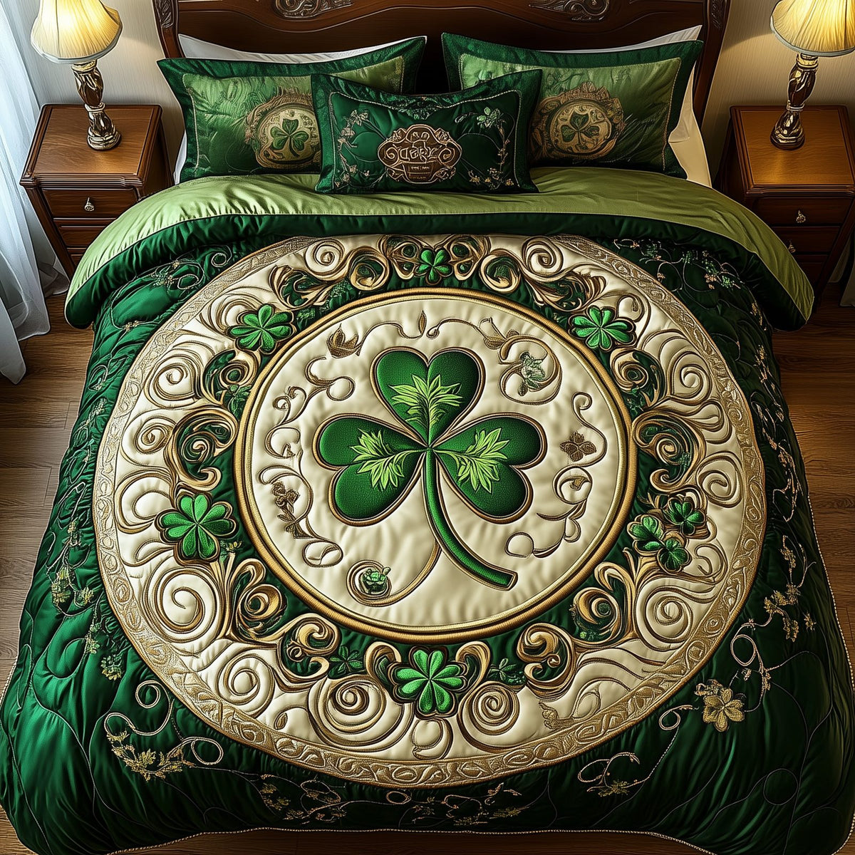 Lucky Irish Shamrock quilted 3-piece bedding set on a made bed with two matching pillow shams