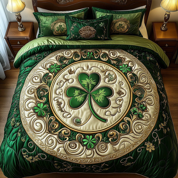 Lucky Irish Shamrock quilted 3-piece bedding set on a made bed with two matching pillow shams