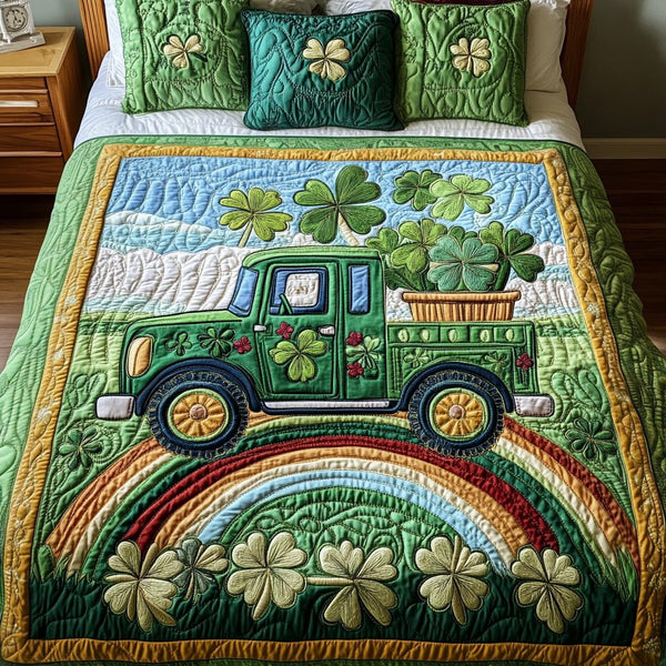 Lucky Ride quilted 3-piece bedding set on a made bed with two matching pillow shams