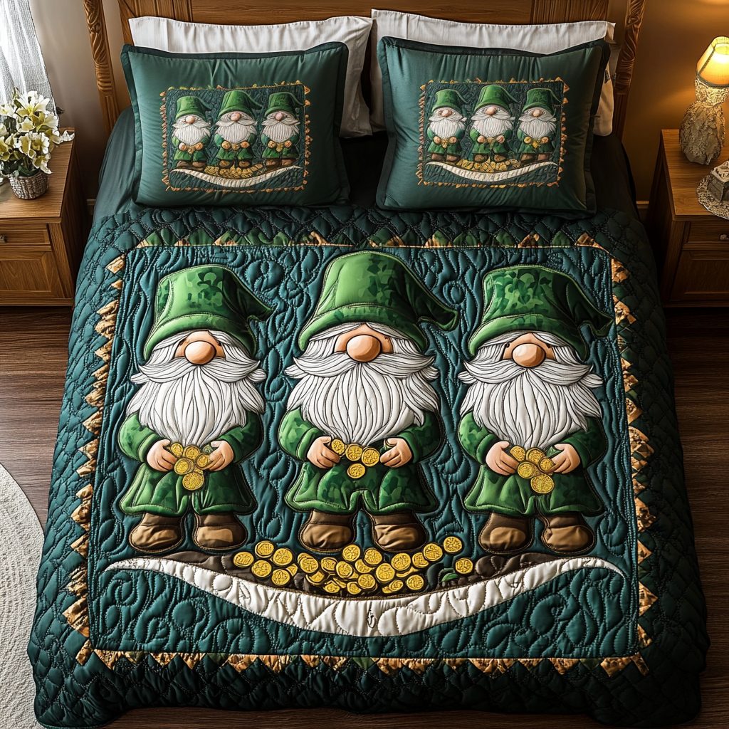 Lucky Trio Haven quilted 3-piece bedding set on a made bed with two matching pillow shams