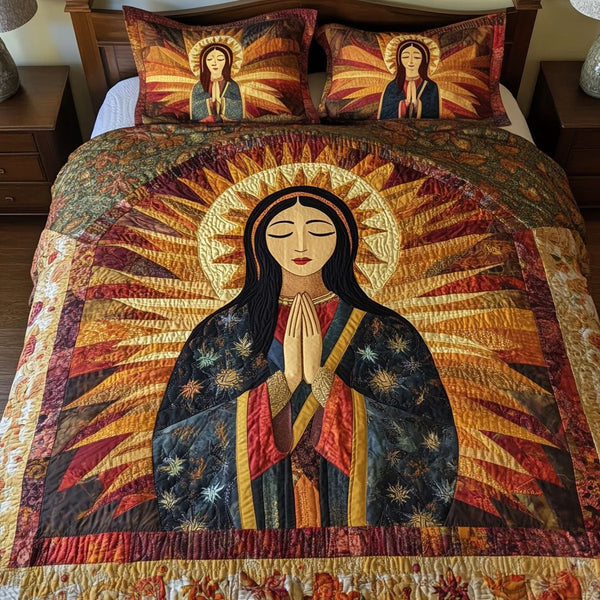 Luminescent Prayer quilted 3-piece bedding set on a made bed in a softly lit bedroom