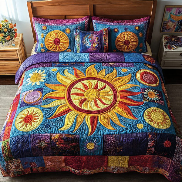 Luminous Aura quilted 3-piece bedding set on a made bed with two matching pillow shams