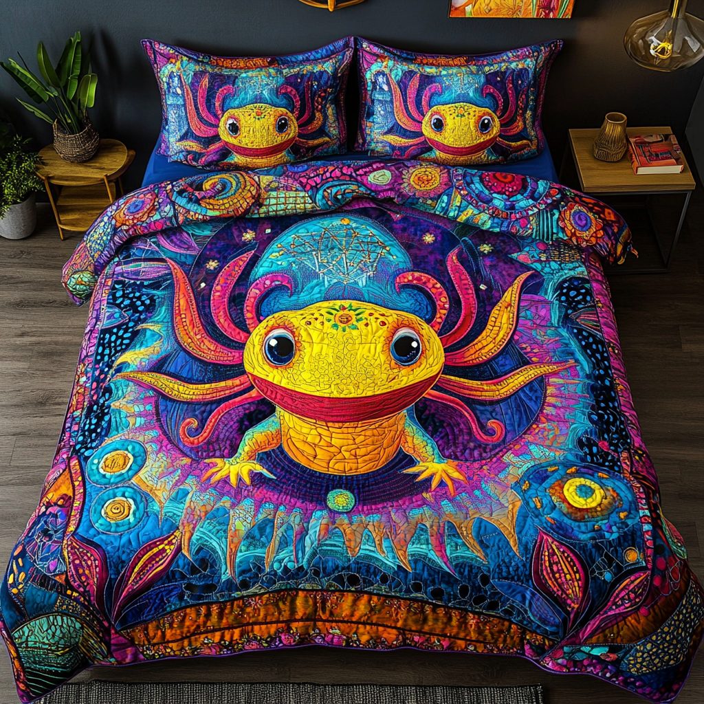 Luminous Axie quilted 3-piece bedding set on a made bed with two matching pillow shams
