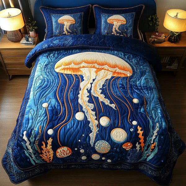 Luminous Depths quilted 3-piece bedding set on a made bed with two matching pillow shams