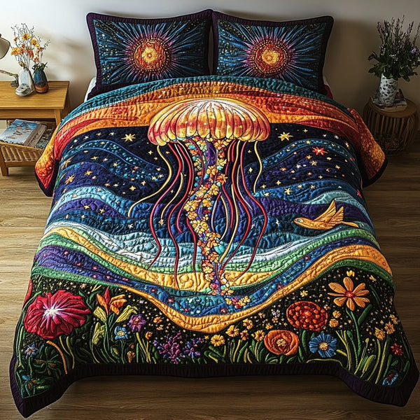 Luminous Depths quilted 3-piece bedding set on a made bed with two matching pillow shams