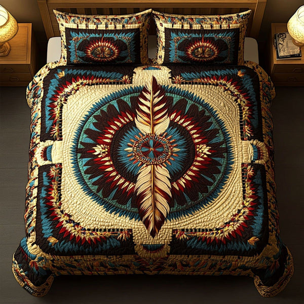 Luminous Feathers quilted 3-piece bedding set on a made bed with two matching pillow shams