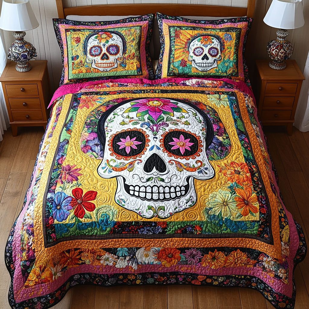 Luminous Life quilted 3-piece bedding set on a made bed with two matching pillow shams