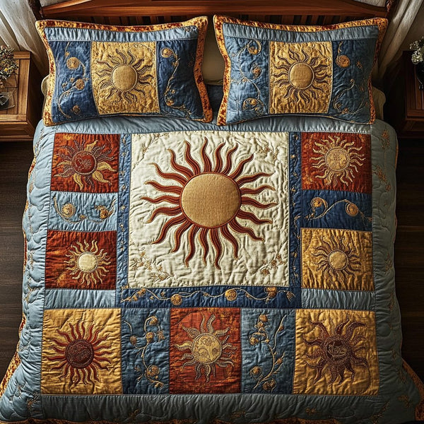 Luminous Sky quilted 3-piece bedding set on a made bed with two matching pillow shams
