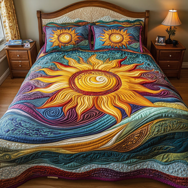Luminous Sunshine quilted 3-piece bedding set on a made bed with two matching pillow shams