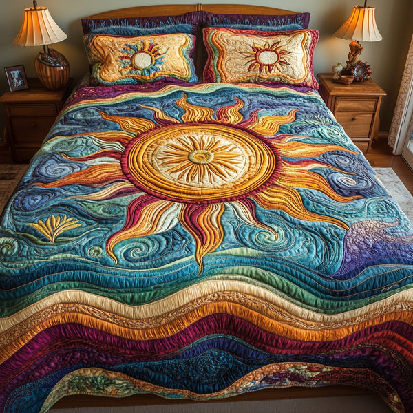 Luminous Sunshine quilted 3-piece bedding set on a made bed with two matching pillow shams