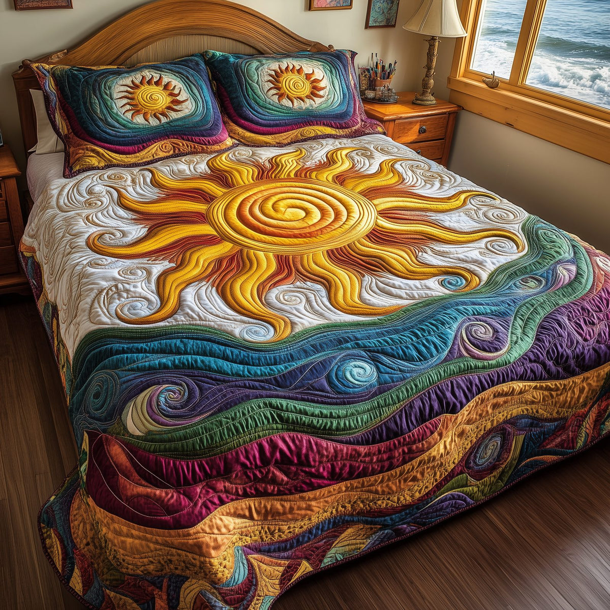 Luminous Sunshine quilted 3-piece bedding set on a made bed with two matching pillow shams