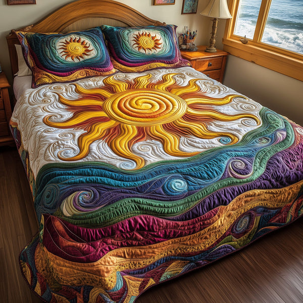 Luminous Sunshine quilted 3-piece bedding set on a made bed with two matching pillow shams