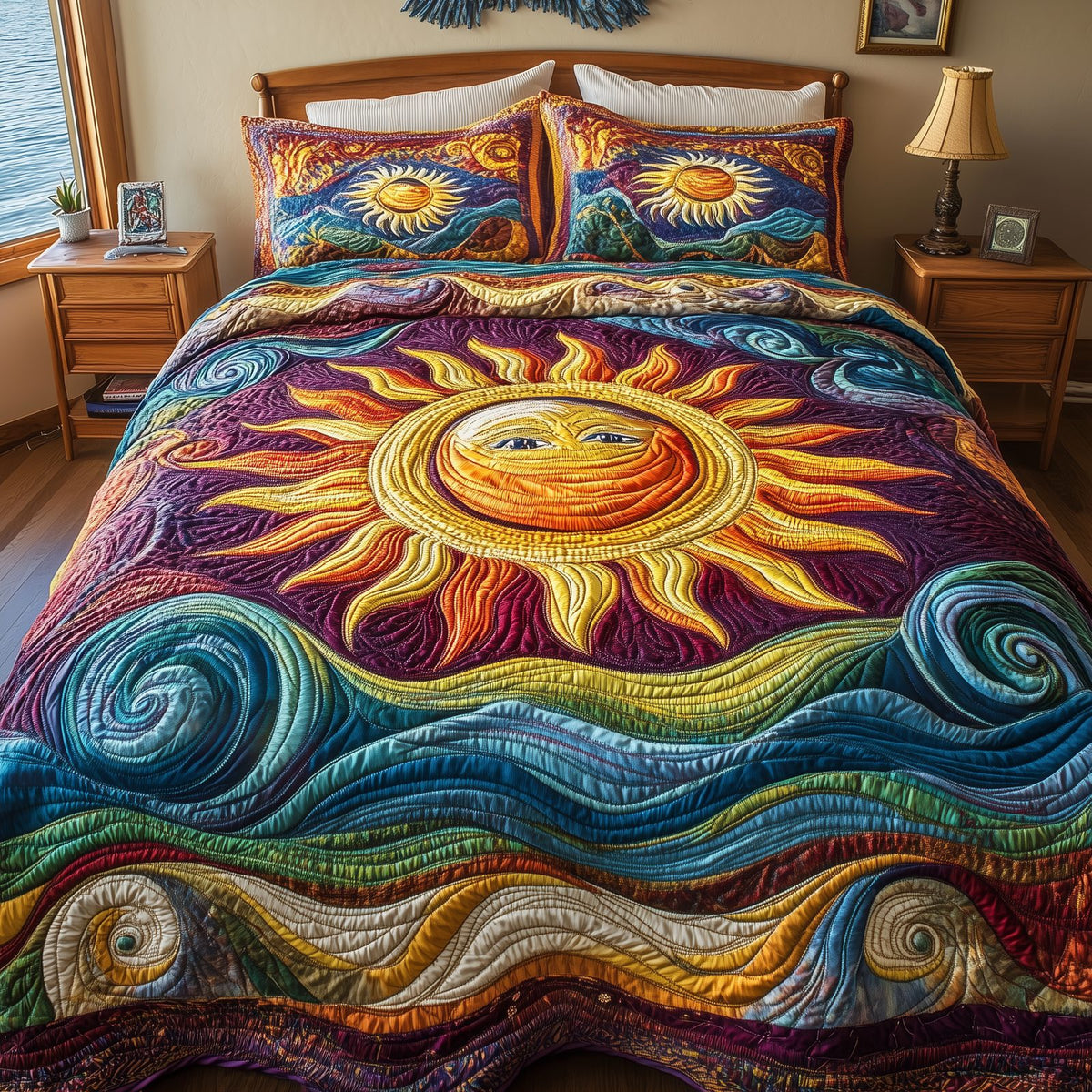 Luminous Sunshine quilted 3-piece bedding set on a made bed with two matching pillow shams