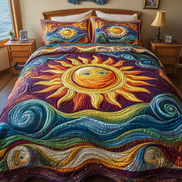 Luminous Sunshine quilted 3-piece bedding set on a made bed with two matching pillow shams