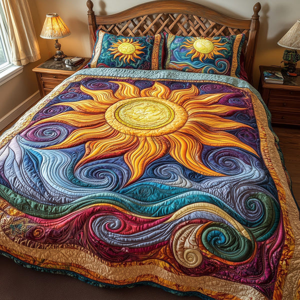 Luminous Sunshine quilted 3-piece bedding set on a made bed with two matching pillow shams