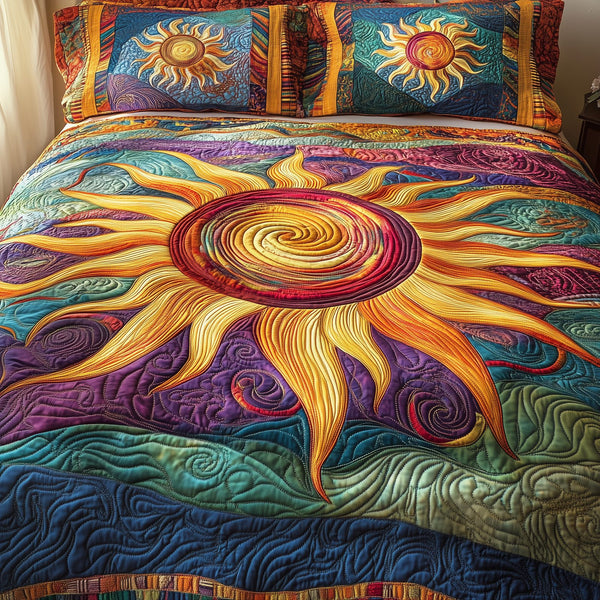 Luminous Sunshine quilted 3-piece bedding set on a made bed with two matching pillow shams