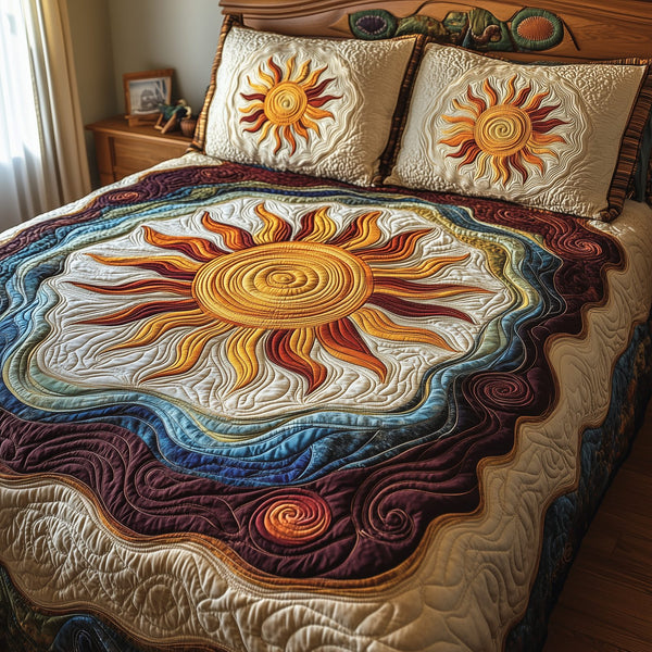 Luminous Sunshine quilted 3-piece bedding set on a made bed with two matching pillow shams