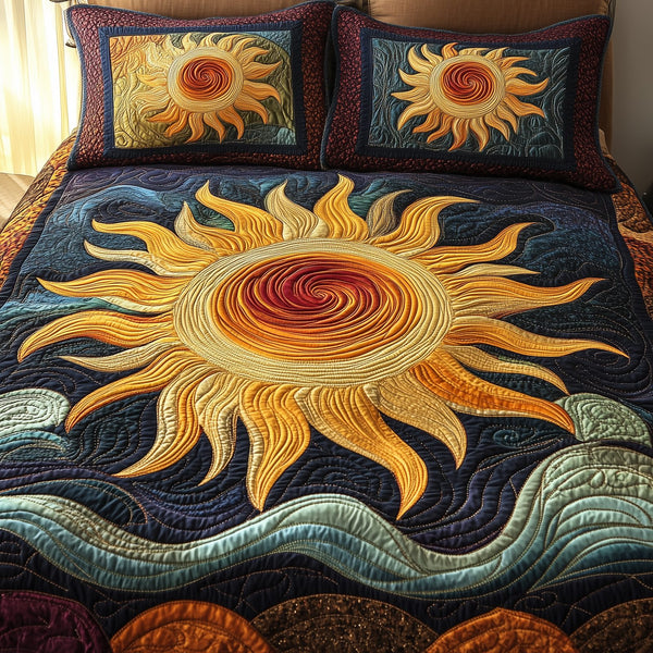 Luminous Sunshine quilted 3-piece bedding set on a made bed with two matching pillow shams
