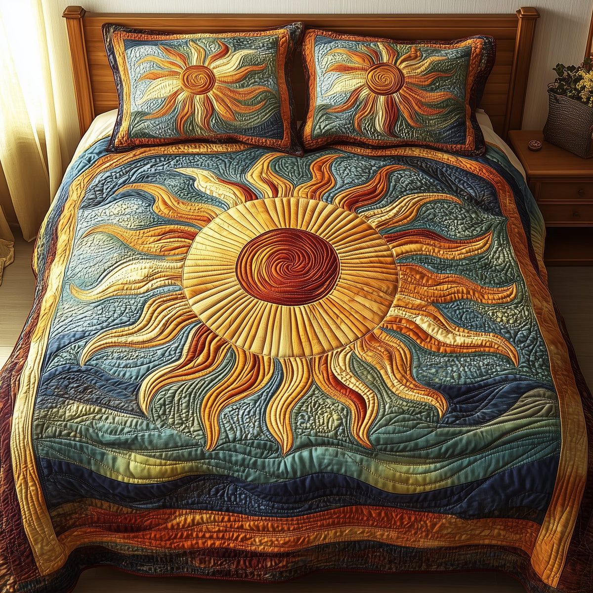 Luminous Sunshine quilted 3-piece bedding set on a made bed with two matching pillow shams