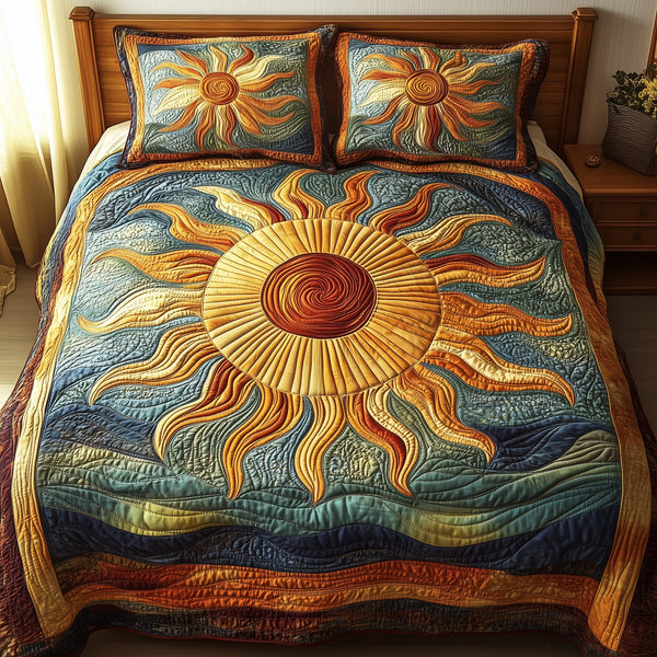 Luminous Sunshine quilted 3-piece bedding set on a made bed with two matching pillow shams