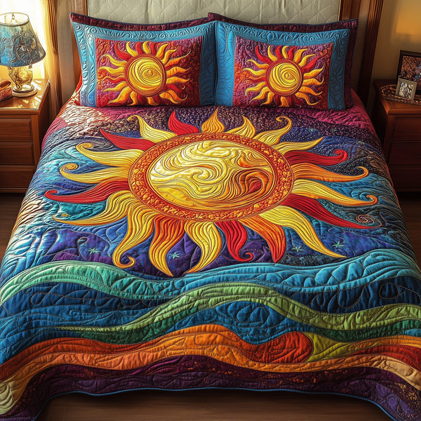 Luminous Sunshine quilted 3-piece bedding set on a made bed with two matching pillow shams