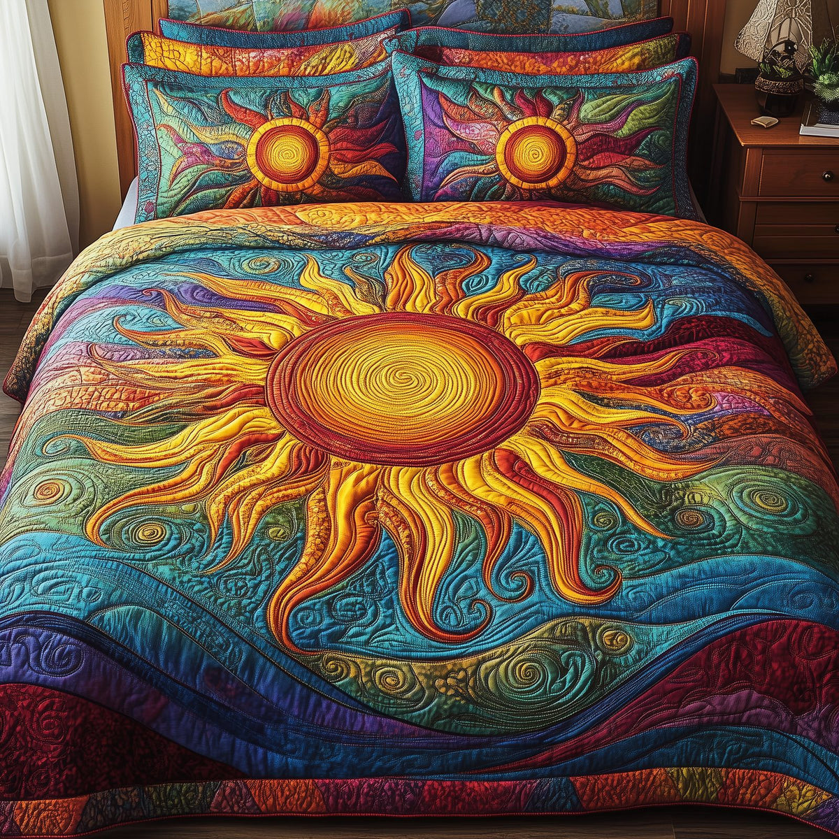 Luminous Sunshine quilted 3-piece bedding set on a made bed with two matching pillow shams