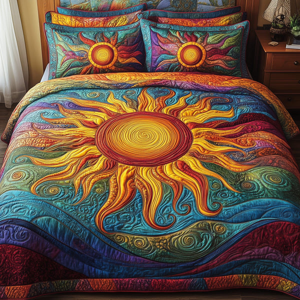 Luminous Sunshine quilted 3-piece bedding set on a made bed with two matching pillow shams