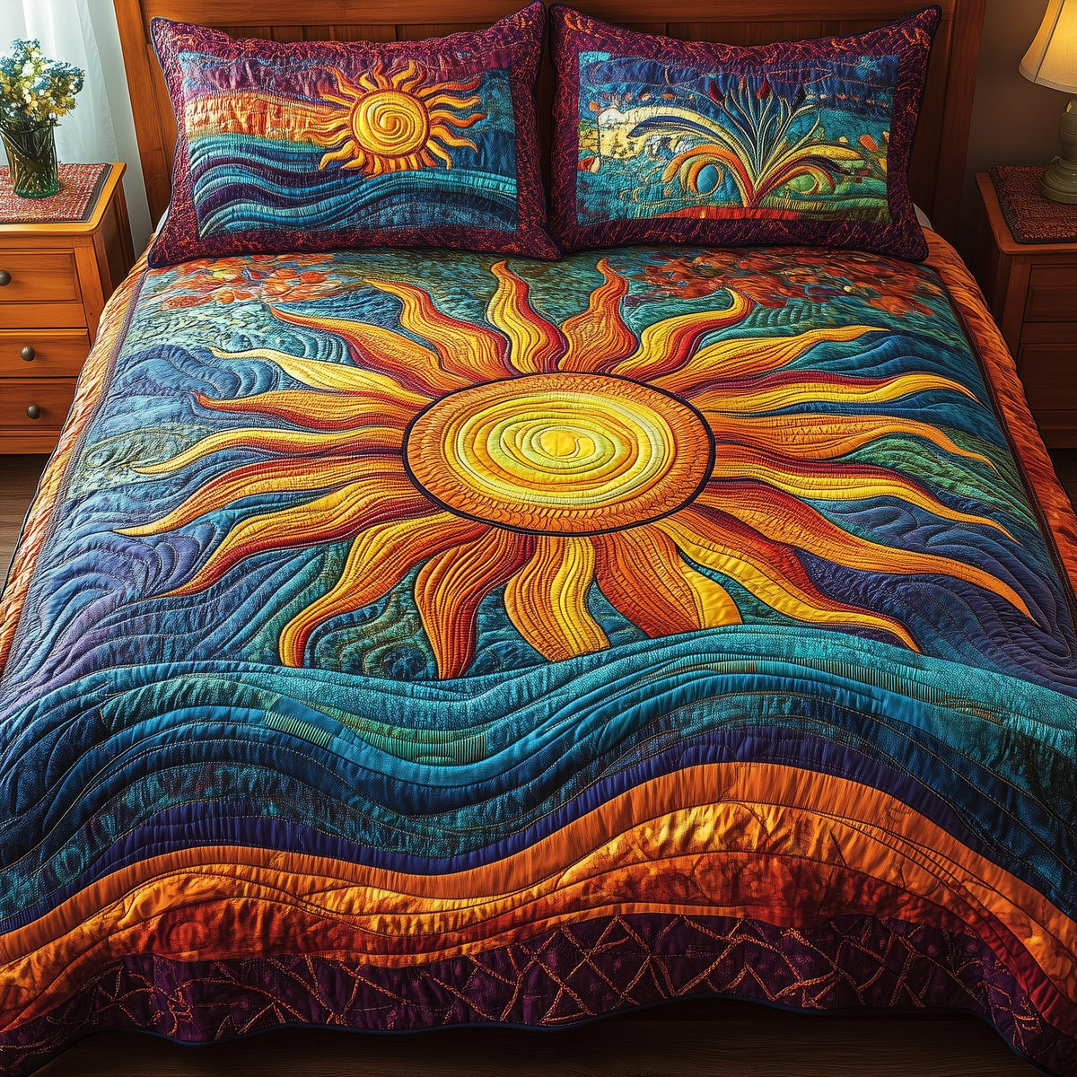 Luminous Sunshine quilted 3-piece bedding set on a made bed with two matching pillow shams
