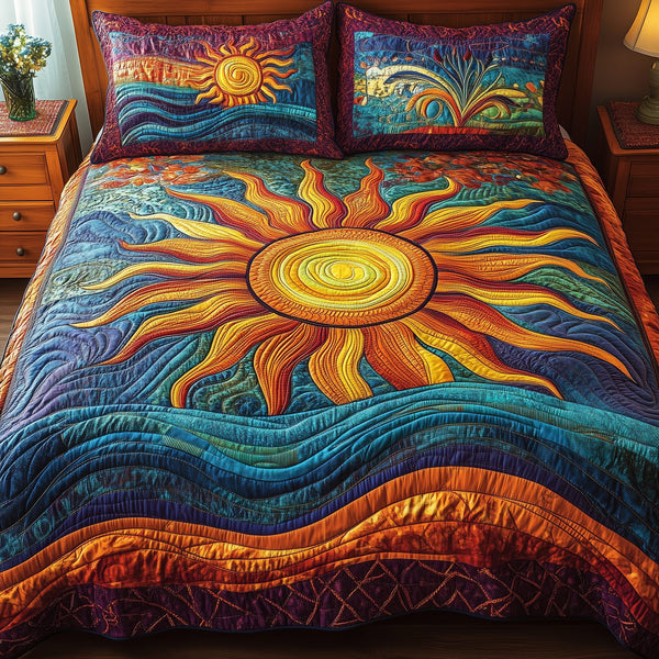 Luminous Sunshine quilted 3-piece bedding set on a made bed with two matching pillow shams