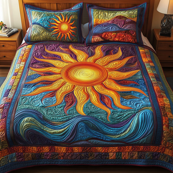 Luminous Sunshine quilted 3-piece bedding set on a made bed with two matching pillow shams