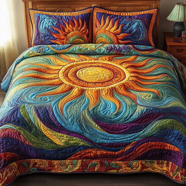 Luminous Sunshine quilted 3-piece bedding set on a made bed with two matching pillow shams