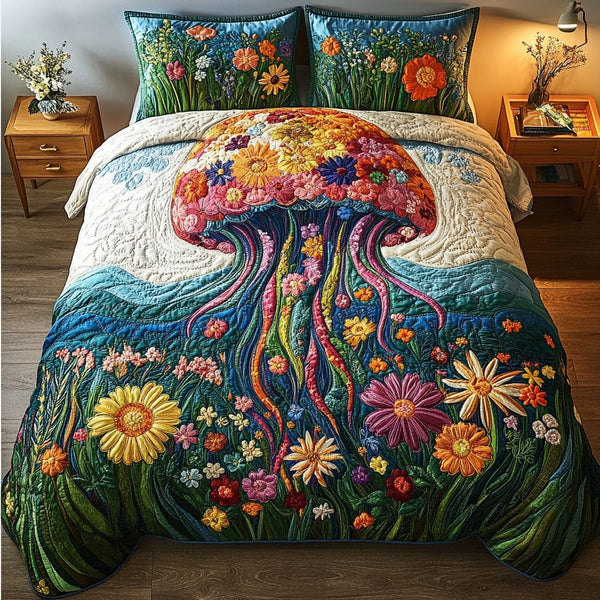 Luminous Waves quilted 3-piece bedding set on a made bed in a light coastal bedroom