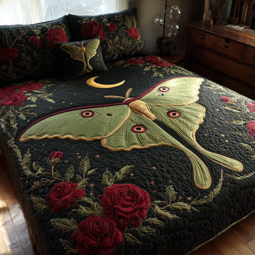 Luna Moth quilted 3-piece bedding set on a made bed with two matching pillow shams