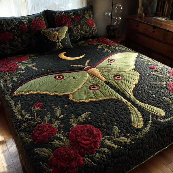Luna Moth quilted 3-piece bedding set on a made bed with two matching pillow shams