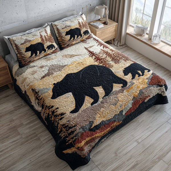 Lunar Bear Trek quilted 3-piece bedding set on a made bed with two matching pillow shams