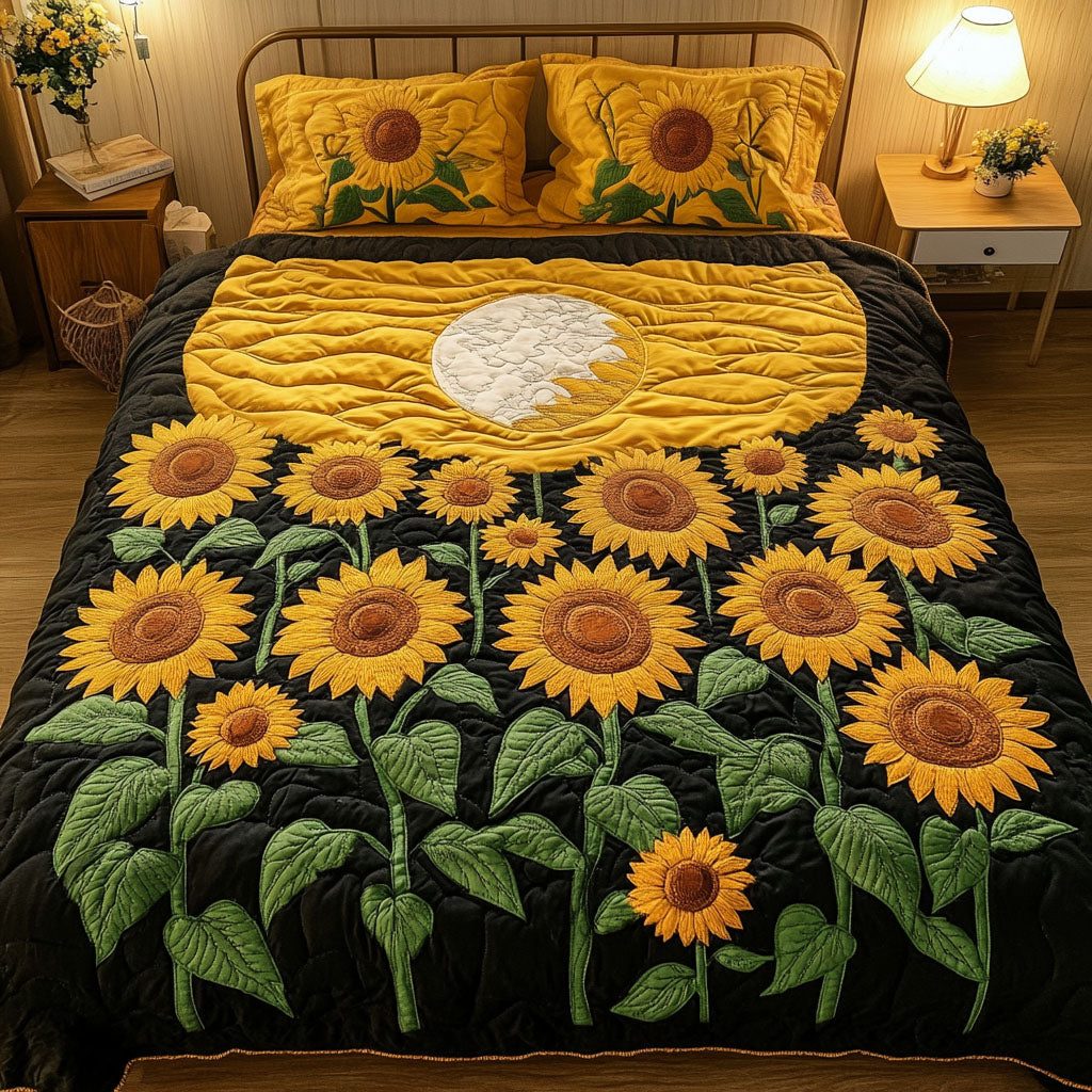Lunar Bloom Garden quilted 3-piece bedding set on a made bed with two matching pillow shams
