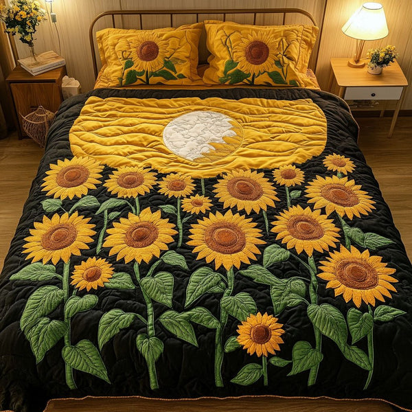 Lunar Bloom Garden quilted 3-piece bedding set on a made bed with two matching pillow shams