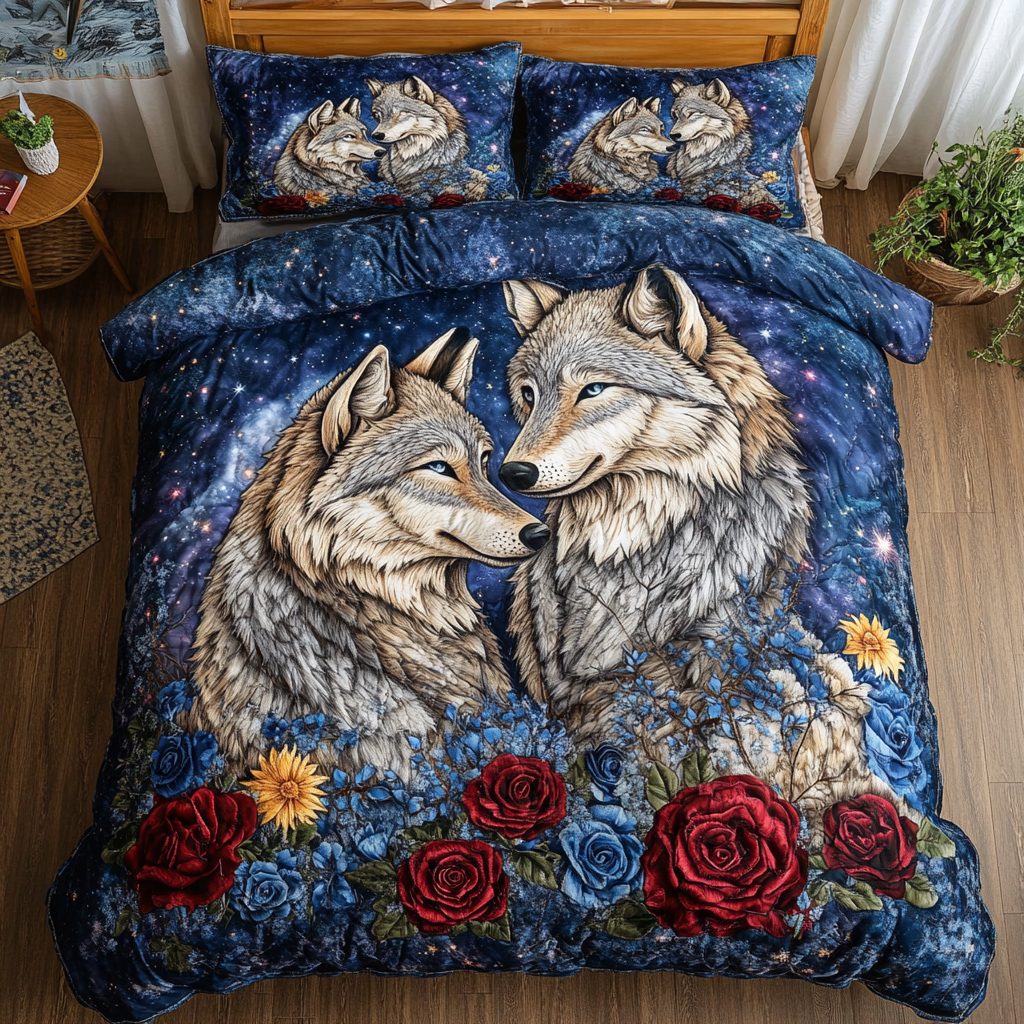 Lunar Bond quilted 3-piece bedding set on a made bed with two matching pillow shams