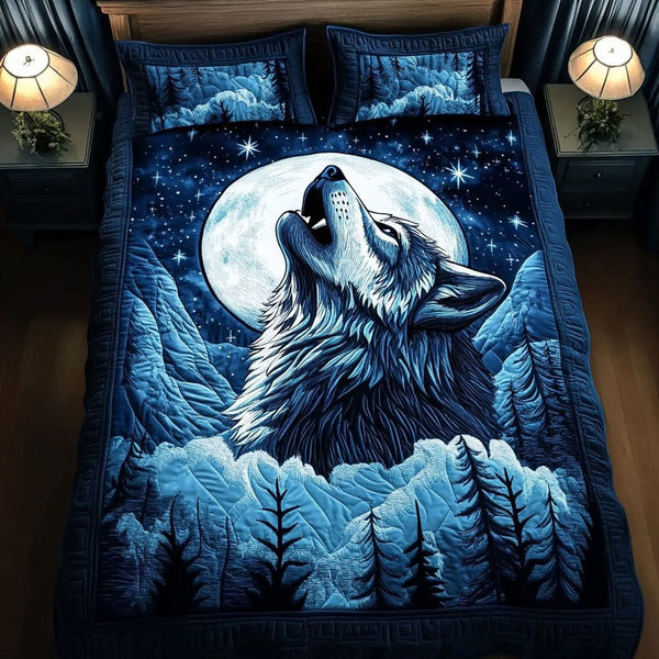 Lunar Echo quilted 3-piece bedding set on a made bed with two matching pillow shams