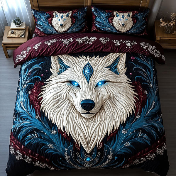 Lunar Frost quilted 3-piece bedding set on a made bed in a winter-styled bedroom