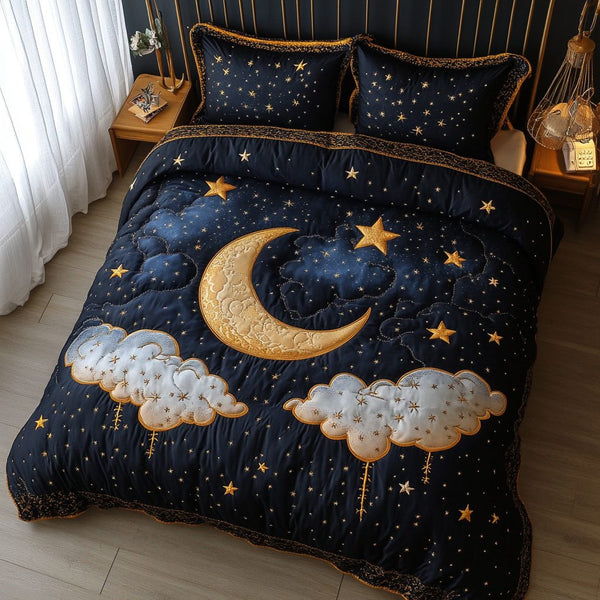Lunar Glow quilted 3-piece bedding set on a made bed with two matching pillow shams