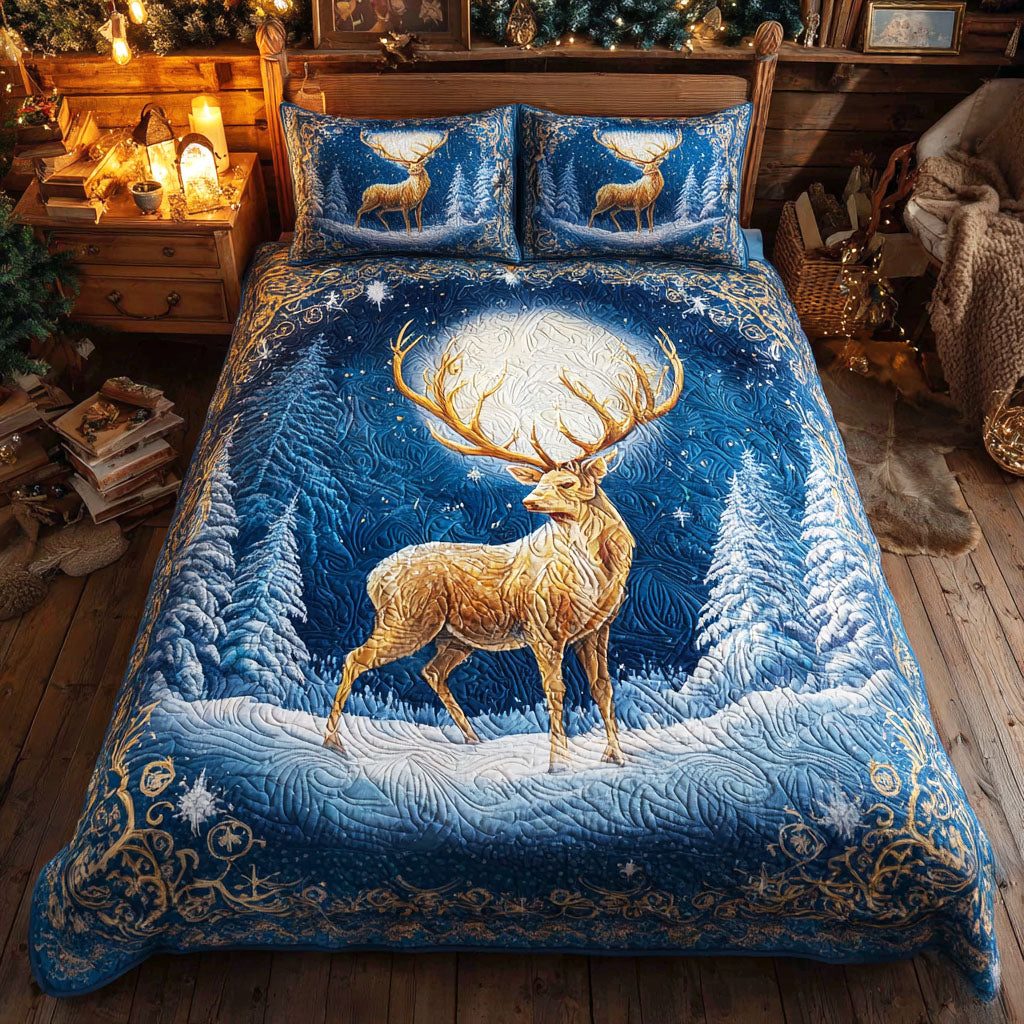 Lunar Glow quilted 3-piece bedding set on a made bed with two matching pillow shams