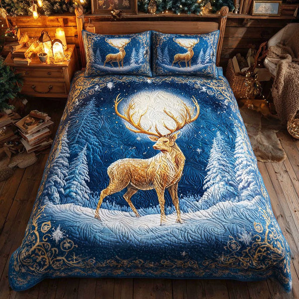 Lunar Glow quilted 3-piece bedding set on a made bed with two matching pillow shams